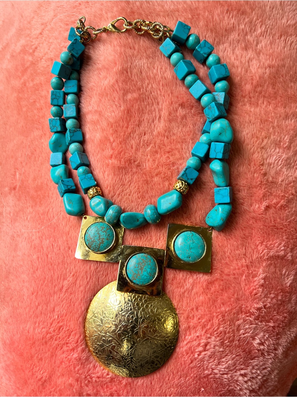 Handcrafted Gold Tone Magnesite Turquoise Stone Double-Strand Statement Necklace